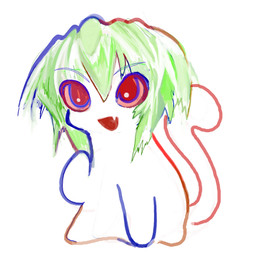 2000s_anime_style ambiguous_gender anime_style chibi eyebrow_through_hair eyebrows hair open_mouth red_eyes simple_background smile solo tail translucent translucent_hair white_body white_skin yogurt200 8eyes rgb_paw greengirl_(8eyes) girl_(8eyes) humanoid tailed_humanoid 1:1 absurd_res digital_media_(artwork) hi_res official_art