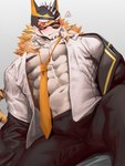 abs anthro blush clothed clothing fur male mask muscular muscular_anthro muscular_male necktie nipples open_clothing open_shirt open_topwear pecs shirt solo striped_body striped_fur stripes superhero topwear tokuni lifewonders live_a_hero ryekie_(live_a_hero) felid mammal pantherine tiger absurd_res hi_res