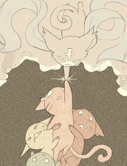 :3 >_< ambiguous_feral ambiguous_gender bodily_fluids cloud countershade_face countershading cross eyes_closed facial_markings feral forehead_markings group head_markings looking_at_another markings reaching semi-anthro sweat sweatdrop tears torso_grab thepearlad mewgenics marshmallow_(mewgenics) domestic_cat felid feline felis mammal 2026 digital_media_(artwork) hi_res restricted_palette screentone
