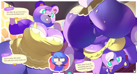 anthro anus big_breasts big_butt black_nose blue_eyes bodily_fluids border breasts butt cleavage clothed clothing dialogue dress eyelashes female front_view fur genitals gloves_(marking) head_tuft holding_object huge_breasts huge_butt leg_markings looking_at_viewer looking_back looking_back_at_viewer markings no_underwear open_mouth purple_anus purple_body purple_fur rear_view smile socks_(marking) solo sweat sweatdrop text thick_thighs tuft upskirt vulva white_body white_border white_fur wide_hips yellow_clothing yellow_dress aerth animal_crossing nintendo megan_(animal_crossing) bear mammal absurd_res english_text hi_res