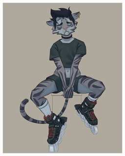anthro border clothed clothing ear_piercing eyes_closed inline_skates male navel piercing roller_skates simple_background solo white_border harufeng felid mammal pantherine tiger 4:5 absurd_res hi_res