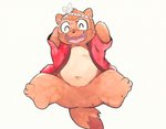 anthro belly biped brown_body brown_fur eyes_closed featureless_crotch fur kemono male simple_background slightly_chubby smile solo spread_legs spreading tail white_background tinntira canid canine mammal raccoon_dog tanuki 2020 hi_res