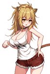 big_breasts blonde_hair blush bottomwear breasts cleavage clothed clothing female hair hand_on_hip shirt shorts simple_background solo tank_top topwear white_background yellow_eyes rommarring arknights hypergryph studio_montagne siege_(arknights) animal_humanoid felid felid_humanoid humanoid lion_humanoid mammal mammal_humanoid pantherine pantherine_humanoid 2020 digital_media_(artwork) pixel_(artwork)