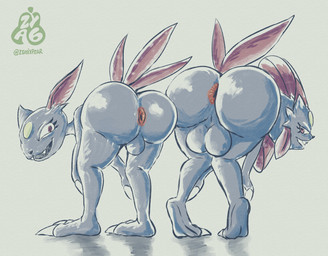 anthro anus backsack ball_size_difference balls bent_over big_balls big_butt black_nose bubble_butt butt butt_size_difference claws duo evolutionary_family fangs feathers forehead_gem gem genitals grey_body huge_butt looking_at_viewer looking_back looking_back_at_viewer male nude nude_anthro nude_male open_mouth presenting presenting_hindquarters red_body red_eyes red_feathers simple_background tail teeth toe_claws white_background zyasixpear nintendo pokemon generation_2_pokemon generation_4_pokemon pokemon_(species) sneasel weavile hi_res sketch