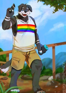 4_fingers 4_toes anthro athletic athletic_anthro athletic_male black_body black_fur blue_claws blue_jewelry bottle bottomwear cargo_shorts claws clothing cloud colored_nails container eyebrow_piercing eyebrows facial_piercing facial_tuft feet fingers fur gesturing_at_viewer grass head_tuft hiking jewelry leaf lgbt_pride looking_at_viewer male markings mountain mountain_range multicolored_body multicolored_fur nails open_mouth piercing plant pride_color_clothing pride_color_shirt pride_color_topwear pride_colors rainbow_flag rainbow_pride_flag rainbow_symbol shirt shorts solo tank_top teeth text toes topwear tree tuft water_bottle whisker_markings white_body white_clothing white_eyebrows white_fur white_shirt white_tank_top white_topwear rokkietherock canid canine canis domestic_dog hybrid mammal wolfdog artist_name hi_res