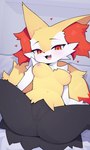 anthro areola blush breasts female front_view fur genitals inner_ear_fluff inside looking_at_viewer lying navel nipples nude nude_anthro nude_female on_back open_mouth pillow pussy red_eyes solo spread_legs spreading tail teeth tongue tuft yellow_body yellow_fur yellow_tail devil-vox nintendo pokemon braixen generation_6_pokemon pokemon_(species) 2025 absurd_res adversarial_noise digital_media_(artwork) hi_res