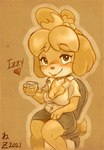 anthro beverage blush bottomwear breasts cleavage clothed clothing drunk female heart_symbol skirt solo substance_intoxication sankam animal_crossing nintendo isabelle_(animal_crossing) canid canine canis domestic_dog mammal shih_tzu toy_dog 2021