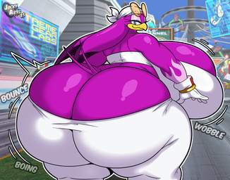 anthro beak big_breasts big_butt breast_jiggle breasts butt butt_cleavage butt_jiggle clothing duo eyelashes eyewear eyewear_on_head feathers female huge_breasts huge_butt hyper hyper_breasts hyper_butt jiggling kerchief logo looking_at_viewer male motion_lines obese onomatopoeia overweight purple_body purple_feathers sound_effects sunglasses sunglasses_on_head tail text video_game_background white_clothing jacky-arts sega sonic_riders sonic_the_hedgehog_(series) sonic_the_hedgehog wave_the_swallow avian bird eulipotyphlan hedgehog hirundinid mammal oscine passerine swallow_(bird) 2025 artist_logo hi_res signature