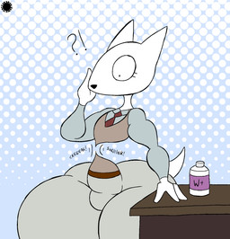 anthro bar_emanata belt bottom_heavy bottomwear clothing curvy_figure emanata eyelashes femboy fur halftone_background hand_on_table interrobang logo looking_down male necktie onomatopoeia pants pattern_background simple_background small_waist solo sound_effects text thick_thighs waist_shrinking wasp_waist white_body white_fur wide_hips thatdawgmurray ernest_(ezee) canid canine canis domestic_dog mammal aliasing artist_logo artist_name digital_media_(artwork) halftone hi_res signature