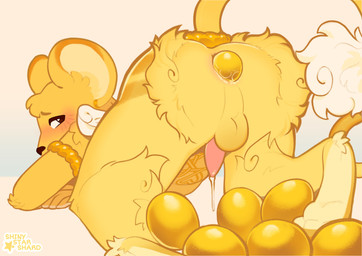 accessory anal_oviposition anthro anus ass_up balls blush bodily_fluids egg fur genital_fluids genitals looking_at_self looking_back male nude oviposition penis precum solo timid wings yellow_body yellow_fur shinystarshard mammal mouse murid murine rodent absurd_res hi_res