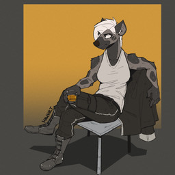 alcohol angry anthro beverage boots chair clothing crossed_legs ears_up female footwear furniture glass hair holding_alcohol holding_glass holding_object on_chair shirt shoes sitting sitting_on_chair solo tank_top topwear white_hair mawkvlt chayma_yeen_(mawkvlt) hyena mammal 1:1 hi_res