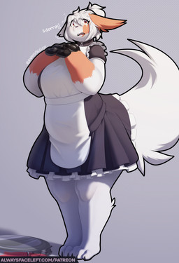 anthro anthrofied apology barefoot belly big_breasts big_tail biped black_claws black_clothing black_dress breasts claw_fingers claws clothed clothing dialogue dress ears_down embarrassed feet female female_anthro finger_claws fluffy fluffy_tail front_view fully_clothed fur gloves_(marking) grey_background grey_nose hair light looking_at_viewer maid_apron maid_uniform markings mismatched_ears monotone_hair monotone_tail multicolored_body multicolored_ears multicolored_fur navel_outline open_mouth orange_body orange_ears orange_fur overweight overweight_anthro overweight_female pivoted_ears pokemorph ponytail pupils red_eyes simple_background solo spilled_drink standing tail talking_to_viewer teeth text thick_tail three-quarter_view toe_claws two_tone_body two_tone_ears two_tone_fur uniform white_body white_ears white_fur white_hair white_tail alwaysfaceleft nintendo pokemon generation_3_pokemon mammal pokemon_(species) zangoose 2024 absurd_res colored digital_media_(artwork) english_text full-length_portrait hi_res lighting portrait shaded url