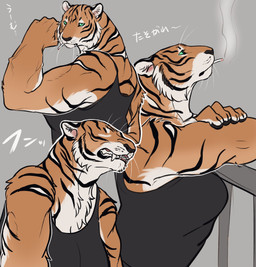 anthro bared_teeth big_breasts breasts cigarette cigarette_smoke clothed clothing fangs female fur green_eyes looking_at_viewer muscular muscular_female shirt smoke smoking solo striped_body striped_fur stripes tank_top teeth topwear nekomata_ftnr akira_(nekomata_ftnr) felid mammal pantherine tiger hi_res