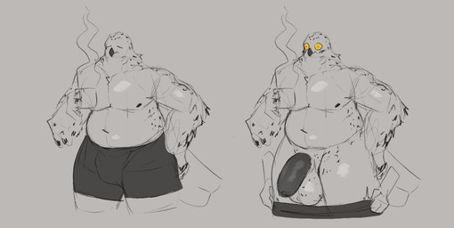 anthro assisted_exposure balls beak big_balls big_penis clothed clothing coffee_mug genitals humanoid_genitalia humanoid_penis male muscular muscular_anthro muscular_male overweight overweight_anthro overweight_male pantsing penis solo steam thick_penis underwear underwear_only wide_eyed yellow_eyes jezzlen benjamin_(jezzlen) avian bird owl hi_res sketch