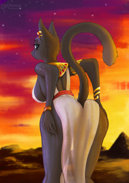 anthro armband armlet big_breasts big_butt biped black_body black_eyebrows black_fur blue_eyes breasts butt cat_tail clothed clothing curvy_figure desert dress ear_piercing ear_ring egyptian egyptian_clothing eyebrows eyelashes female fur glistening glistening_body glistening_fur great_pyramids_at_giza jewelry looking_at_viewer looking_back looking_back_at_viewer makeup mascara necklace neutral_expression nipple_outline piercing pink_nose presenting presenting_hindquarters pupils pyramid ring_piercing sand_dune seductive sky slit_pupils solo spread_butt spreading standing star sunset tail thick_thighs translucent translucent_clothing translucent_dress voluptuous whiskers white_clothing white_dress white_sclera wide_hips yellow_sky twaykoncita egyptian_mythology middle_eastern_mythology mythology bast deity domestic_cat felid feline felis mammal 2026 absurd_res digital_drawing_(artwork) digital_media_(artwork) hi_res signature watermark