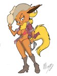 2019 4_fingers anthro black_nose blonde_hair chest_tuft clothed clothing cowboy_hat cowgirl_boots cowgirl_outfit eeveelution female fingers flareon fluffy fluffy_tail fur generation_1_pokemon hair hat headgear headwear hi_res holding_object koriand_wildfire lasso long_ears long_tail mosca_juanin navel nintendo open_clothing open_shirt open_topwear orange_body orange_fur pokemon pokemon_(species) pose shirt signature smile solo swimwear tail thong toony topwear tuft underwear