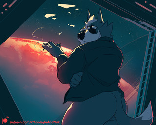 anthro black_nose bottomless butt cheek_tuft cigarette clothed clothing facial_tuft fur grey_body grey_ears grey_fur grey_tail hair holding_cigarette holding_object inside male male_anthro orange_eyes overweight overweight_anthro overweight_male planet short_hair smoke solo standing star tail text tuft white_hair window chocolateandmilk nintendo star_fox wolf_o'donnell canid canine canis mammal wolf hi_res url