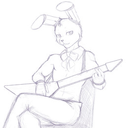 abs anthro bottomwear bow_(feature) bow_tie clothed clothing electric_guitar guitar looking_at_viewer machine male musical_instrument pants plucked_string_instrument pose smile smirk solo string_instrument topless nukde five_nights_at_freddy's scottgames bonnie_(fnaf) animatronic lagomorph leporid mammal rabbit robot sketch