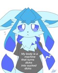 ambiguous_gender anthro black_clothing black_shirt black_topwear blue_blush blue_body blue_eyes blush clothing eeveelution elemental_creature english_text felid feline felis generation_4_pokemon glaceon hi_res joeri_kunisaki looking_at_viewer male_(lore) mammal meme meme_clothing my_body_is_a_machine_that_turns_dicks_into_sucked_dicks nervous nintendo pokemon pokemon_(species) profanity scarf shirt simple_background solo starei_(starei) suggestive_clothing text text_on_clothing text_on_shirt text_on_t-shirt text_on_topwear topwear