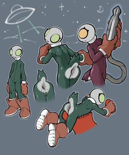 anus boots butt camel_toe clothed clothing duo easy_access eyelashes female footwear gloves green_eyes grey_body handwear holding_object looking_at_viewer lying moon on_front orange_eyes shoes space spacecraft spacesuit standing star tail ufo vehicle xenopera alien humanoid roswell_grey 2026 5:6 digital_media_(artwork) hi_res