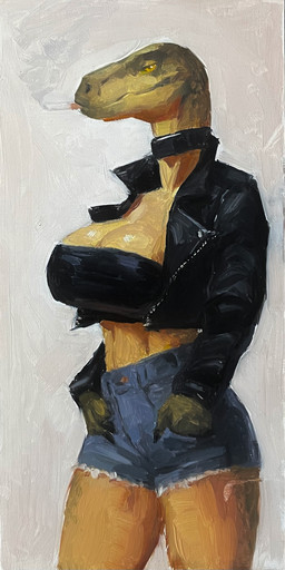 abs anthro big_breasts black_clothing black_jacket black_topwear bottomwear breasts choker cigarette cigarette_in_mouth clothed clothed_anthro clothed_female clothing daisy_dukes denim denim_bottomwear denim_clothing denim_shorts female green_body green_scales hands_in_both_pockets hotpants jacket jewelry leather leather_clothing leather_jacket leather_topwear long_neck midriff necklace non-mammal_breasts object_in_mouth scales shorts smoking smoking_cigarette solo thick_thighs topwear tube_top neracoda dinosaur dromaeosaurid prehistoric_species reptile scalie theropod velociraptor 2025 absurd_res hi_res oil_painting_(artwork) painting_(artwork) traditional_media_(artwork) traditional_painting_(artwork)