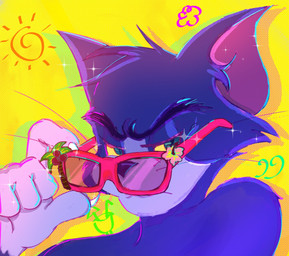 anthro black_nose claws cloud eyebrows eyewear flower gloves_(marking) green_eyes grey_body half-closed_eyes holding_object looking_at_viewer male markings narrowed_eyes pink_ears plant simple_background solo sun sunglasses text thick_eyebrows yellow_background yellow_sclera cqraaa metro-goldwyn-mayer tom_and_jerry thomas_cat domestic_cat felid feline felis mammal english_text hi_res
