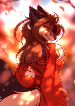 2_tails anthro black_nose blurred_background brown_body brown_fur brown_hair brown_tail closed_smile clothed clothing ears_back eyelashes fangs female female_anthro fur hair long_hair looking_at_viewer mouth_closed multi_tail narrowed_eyes orange_eyes pivoted_ears red_clothed smile solo tail teeth white_body white_fur white_tail bloominglynx canid canine fox mammal digital_drawing_(artwork) digital_media_(artwork) hi_res