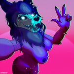 anthro black_body black_fur bone breasts female fur gesture glowing glowing_eyes hand_gesture looking_at_viewer nude selfie simple_background skull skull_head solo v_sign rottieridge scp_foundation mal0 scp-1471-a canid canine mammal monster 1:1 absurd_res hi_res