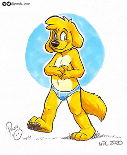 anthro blonde_hair blue_clothing blue_underwear brown_pawpads clothed clothing floppy_ears fur green_eyes hair logo looking_aside male pawpads short_hair simple_background solo topless underwear walking yellow_body yellow_fur young young_anthro young_male pandapaco dogget_(doggettdouglasmcdog) canid canine canis domestic_dog mammal 2020 artist_logo dated signature