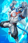 anthro biceps championship_belt claws eyewear flying jet_pack male mecha_fist muscular muscular_anthro muscular_male scar solo sunglasses amon-sydonai bandai_namco digimon canid canine canis digimon_(species) machgaogamon mammal wolf hi_res