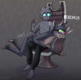 anthro big_ears big_nose blue_eyewear blue_glasses bottomwear butt_slap chair clothed clothing duo eyewear fangs female flat_chested furniture glasses glitch hair laying_on_lap male male/female motion_lines nipples nude on_lap pants partially_clothed shocked simple_background sitting_on_lap slap spanking stunned surprised teeth text topless visor solarlewds jai_(solarlewds) lily_(solarlewds) alien aquatic bat fish humanoid mammal digital_media_(artwork) english_text hi_res