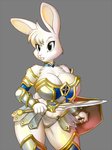 anthro armor black_eyes breasts buckteeth cleavage clothed clothing female fur grey_background hair melee_weapon paladin shield simple_background solo sword teeth unconvincing_armor weapon white_body white_fur white_hair chochi bea_(chochi) lagomorph leporid mammal rabbit