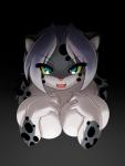 anthro big_breasts black_spots blue_eyes breasts facial_markings female fur grey_body grey_fur hair head_markings huge_breasts markings solo spots white_body white_fur nekonny las_lindas tila_sunrise felid leopard mammal pantherine bust_portrait portrait