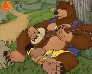 5_fingers 5_toes against_natural_surface against_surface against_tree anthro balls banjo_(instrument) blue_eyes brown_body brown_fur claws clothing feet fingers foreskin fur genitals humanoid_genitalia humanoid_penis male musical_instrument on_grass open_mouth outside penis plant playing_music plucked_string_instrument sitting solo string_instrument toes tree vein shadowfenris banjo-kazooie rareware banjo_(banjo-kazooie) bear mammal 2020 digital_media_(artwork)