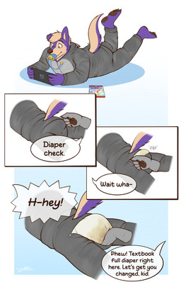 ageplay anthro bodily_fluids clothing diaper diaper_check duo feces full_diaper genital_fluids infantilism male object_in_mouth onesie onesie_open pacifier pacifier_clip pacifier_in_mouth roleplay soiled_diaper speech_bubble tail text unclean_diaper urine used_diaper tennettthedl kirby_(series) nintendo nintendo_switch kirby tennet canid canine canis mammal wolf absurd_res comic english_text hi_res