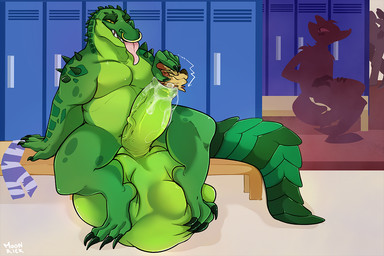 almost_fully_inside ambiguous_gender anthro audience balls bodily_fluids claws cock_vore cum duo facial_piercing genital_fluids genitals group gym inside_balls locker locker_bench locker_room male male/ambiguous male_pred nose_piercing nose_ring partially_inside penile penis piercing public ring_piercing slightly_chubby slightly_chubby_male stretched_urethra sweat tail tongue tongue_out urethra vein veiny_penis vore moonrick canid canine canis crocodile crocodilian domestic_dog mammal reptile scalie 3:2