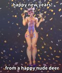 anthro antlers balls blue_body blue_fur blush confetti eyewear fur genitals glasses holidays hooves horn humanoid_genitalia humanoid_penis male penis solo sparklers spots tan_body tan_fur teeth text tongue shine_ali happy_nude_deer new_year cameran_nicephore deer mammal english_text hi_res