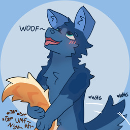 anthro blue_body blue_fur blush duo fur male male/male tail tail_motion tailwag tongue tongue_out abys_171 canid canine canis domestic_dog felid feline mammal 1:1