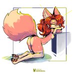 anthro black_nose butt ears_up eyes_closed female hair kneeling letter orange_hair pawpads paws shadow simple_background smile solo symbol text white_background kiaun derideal susu_(derideal) 1:1 2024 colored digital_drawing_(artwork) digital_media_(artwork) english_text hi_res icon shaded signature url