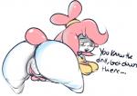 anthro big_butt butt dialogue female genitals hair looking_at_viewer looking_back pink_hair pussy rear_view shaved short_stack simple_background smile solo text white_background wide_hips ponk millie_(ponk) lagomorph leporid mammal rabbit 2019 english_text