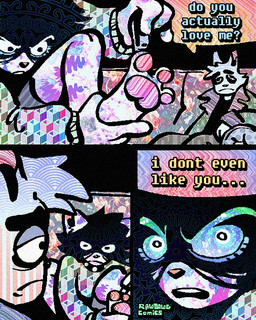 anthro black_hair cheek_tuft clothing collar dialogue duo facial_tuft fur hair hair_over_eyes half-closed_eyes male nail_clipper nail_clipping narrowed_eyes pawpads paws pink_pawpads purple_stripes speech_bubble striped_body striped_fur stripes studded_collar studs sweater text topwear tuft white_body white_fur rawdawgcomics augie_(rawdawgcomics) desmond_(rawdawgcomics) domestic_cat felid feline felis mammal 4:5 comic english_text