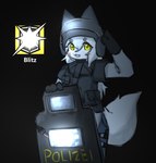 :3 anthro armor ballistic_shield biped black_background black_clothing black_gloves black_handwear black_nose black_topwear blue_bottomwear blue_clothing body_armor bottomwear cheek_markings clothed clothing cute_fangs eyelashes facial_markings female female_anthro fluffy fluffy_tail front_view fully_clothed fur furgonomic_headwear furgonomics glistening glistening_eyes gloves hair handwear head_markings headgear helmet kemono long_hair looking_at_viewer markings monotone_body monotone_fur monotone_hair monotone_tail open_:3 open_mouth open_smile pink_tongue police police_officer police_uniform pupils red_markings shield simple_background smile solo standing tail text three-quarter_view tongue topwear uniform white_body white_fur white_hair white_tail yellow_eyes yellow_pupils canxue rainbow_six:_siege tom_clancy's_(series) ubisoft canxue_(character) canid canine fox mammal 2023 colored digital_media_(artwork) english_text hi_res portrait shaded three-quarter_portrait