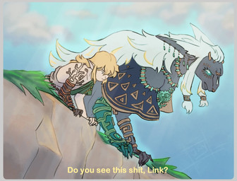 accessory anthro armwear blonde_hair cliff clothed clothing dialogue duo ear_piercing facial_markings glowing grey_body hair head_markings horn humanoid_pointy_ears jewelry long_hair male markings nails necklace piercing pointy_ears rauru's_arm ring shawl text white_hair orcusnoir nintendo tears_of_the_kingdom the_legend_of_zelda link rauru_(tears_of_the_kingdom) humanoid hylian mammal zonai english_text meme