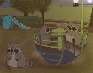 biped black_nose chibi detailed_background feral grey_body group night outside plant sitting tree yuswith2354 mammal procyonid raccoon 2022 hi_res