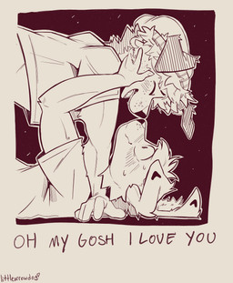 ambiguous_gender anthro beanie blush bodily_fluids caressing_face clothing crop_top dialogue duo eyes_closed floppy_ears hat headgear headwear male male/ambiguous pinned pinned_to_ground shirt smile sweat t-shirt topwear wide_eyed littlearrowdog canid canine canis domestic_dog mammal hi_res monochrome