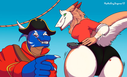 anthro big_butt bikini black_bottomwear black_clothing blue_background blue_body blush bottomwear butt clothing duo female fur gesture green_eyes grin hair hand_gesture heart_symbol lock looking_back male male/female orange_body orange_fur orange_hair pirate pirate_hat pirate_outfit pointing presenting presenting_hindquarters red_clothing red_topwear rope shaking_butt simple_background smile swimwear tail teeth thick_thighs topwear two-piece_swimsuit white_body white_fur marthagreydragoness nerscyra mythology radek_jargon dragon mythological_creature mythological_scalie scalie sergal absurd_res digital_media_(artwork) hi_res
