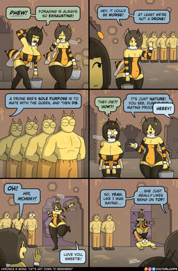 age_difference big_breasts big_butt biped black_clothing breasts butt cleavage clothed clothing dialogue door dragging female group huge_breasts legwear male male/female mature_female muscular muscular_male older_female speech_bubble text thick_thighs thigh_highs topless yellow_body younger_female doctorloops animal_humanoid arthropod arthropod_humanoid bee_humanoid humanoid hymenopteran hymenopteran_humanoid insect insect_humanoid absurd_res comic hi_res daughter_(lore) mother_(lore) mother_and_child_(lore) mother_and_daughter_(lore) parent_(lore) parent_and_child_(lore) parent_and_daughter_(lore)