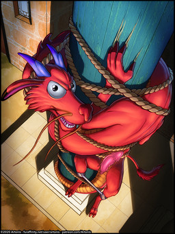 angry anus blue_horn bound building claw_marks claws column detailed_background erection fangs feral genitals horn house looking_at_viewer male open_mouth penile_spines penis red_body red_scales restrained rope scales solo tail teeth text whiskers window artonis asian_mythology disney east_asian_mythology mulan_(1998) mythology mushu_(disney) dragon eastern_dragon mythological_creature mythological_scalie scalie 3:4 hi_res url