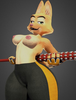 anthro bottomwear breasts butt clothed clothing eyebrow_piercing facial_piercing female fur gloves handwear kanobo looking_at_viewer orange_body orange_fur pants partially_clothed piercing solo thick_thighs weapon wide_hips anaroth dreamworks the_bad_guys diane_foxington canid canine fox mammal 3d_(artwork) digital_media_(artwork) hi_res