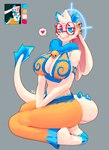 anthro bell big_breasts blue_horn breasts clothed clothing eyewear female fur glasses horn simple_background solo thick_thighs white_body white_fur rz54 atlyss angela_flux bovid caprine goat mammal absurd_res hi_res reference_image